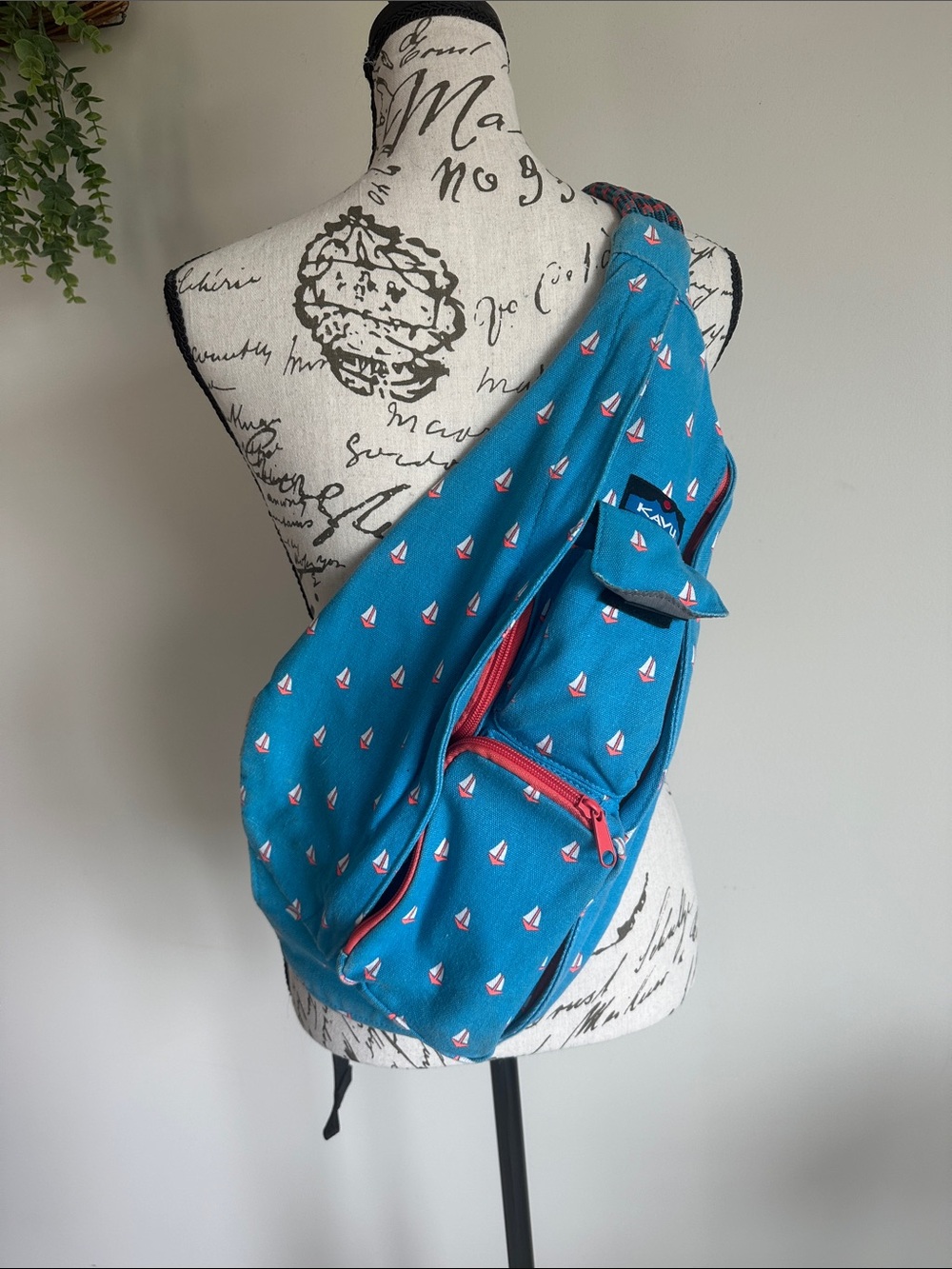 Kavu Teal Sling Bag with Coral & White Sailboat Print